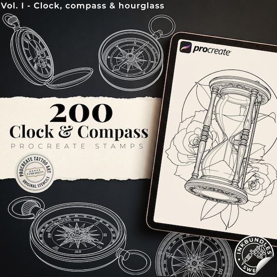 Clock Compass Procreate Brushes, Pocket Watch Tattoo Stencils, Timepiece Stamps Digital Download