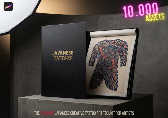 Japanese Tattoo Artist, Watercolor & Flash design kit (Digital Download) Procreate bundle, Washi + Art
