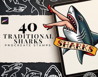 May include: A digital collection of 40 traditional shark Procreate stamps featuring various shark illustrations, including a shark with legs in its mouth and a banner reading SHARKS, alongside white line art shark designs on a dark background.