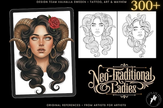 Neo-Traditional Tattoo References, Procreate Stamps & Flash Art, Procreate/Photoshop 300+