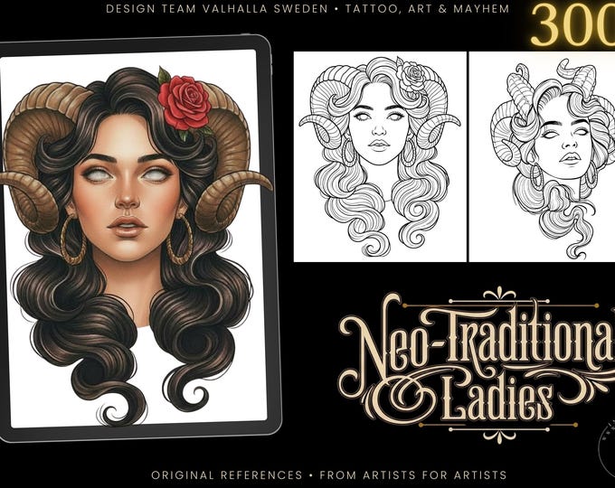 Neo-Traditional Tattoo References, Procreate Stamps & Flash Art, Procreate/Photoshop 300+