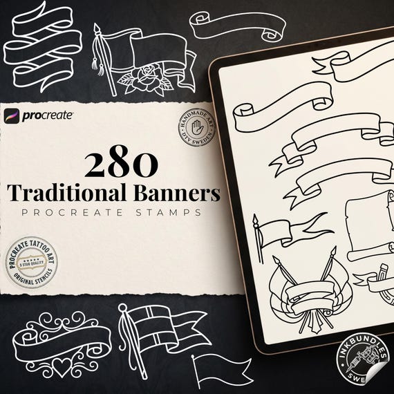 Procreate 280 Banner Designs | Procreate Brushset | Traditional Banners | stencils