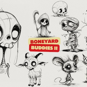 May include: Black and white line art illustrations of various cartoon characters with spooky themes. The characters include a skeleton, a mummy, a reaper, a goat, a mouse, a cat, and a skull. The text "Boneyard Buddies II" is written in red and white.