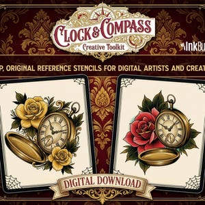 May include: Digital download featuring two stencil designs. Each design showcases a pocket watch with a rose and leaves. One rose is yellow, the other is red. The designs are on a cream background with a black border. Text includes "Clock & Compass" and "Digital Download."