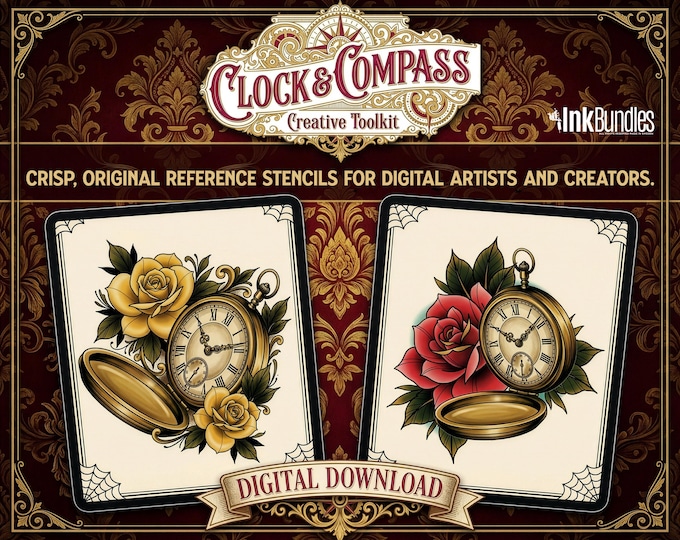 Clock Compass Procreate Brushes, Pocket Watch Tattoo Stencils, Timepiece Stamps Digital Download