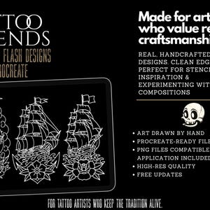 May include: Black digital art featuring three detailed white line drawings of sailing ships, each with floral accents, displayed on a tablet. Text reads "TATTOO LEGENDS" and "HANDCRAFTED FLASH DESIGNS FOR PROCREATE". Additional text promotes the designs for artists.