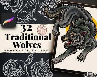 May include: A digital set of 32 wolf-themed Procreate brushes featuring white line art illustrations of wolves on a black background and a central colored illustration of a snarling wolf on a tablet screen with the text 32 Traditional Wolves.