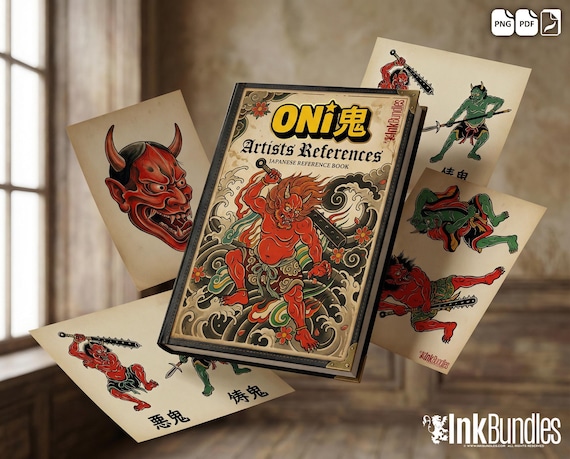 Oni Tattoo Reference Kit, Japanese Tattoo Stencils PNG + Procreate Brushset, Pdf artists references