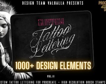 Procreate, Custom Tattoo Lettering Vol. 2 / Pacchetto XL con oltre 1000 elementi di design per Procreate