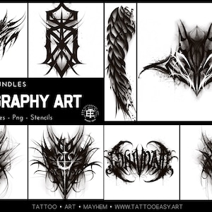 Goth Ink - Kalligrafiekunst voor donkere tattoos, inspiratie en referenties - ontwerpbundel voor kunstenaars, meer dan 100 postzegels voor Procreate