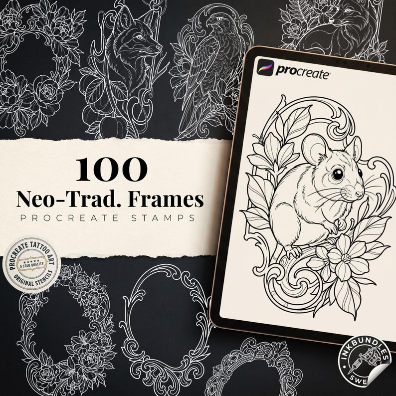 May include: A digital tablet displays a line art illustration of a mouse surrounded by floral elements. The screen shows the Procreate logo. Text on the display reads 100 Neo-Trad. Frames PROCREATE STAMPS. Additional black and white line art designs are visible in the background.