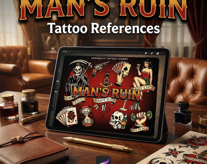 Traditional Gambling Casino Tattoo Design kit - Procreate | 113 Classic Mans ruin Tattoo stencils