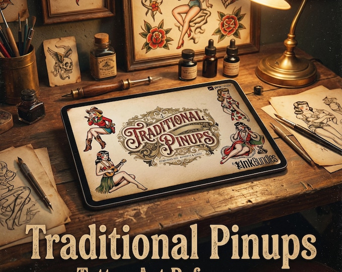 Traditional Pinup Design kit - Procreate | 150+ Classic old-scool , stencils ( digital download ) Tattoo Flash Art