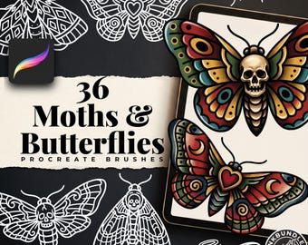 Procreate, Traditional Moths & Butterflies Tattoo flash art , 36 Unique references for Procreate, Outlined tattoo stencil art