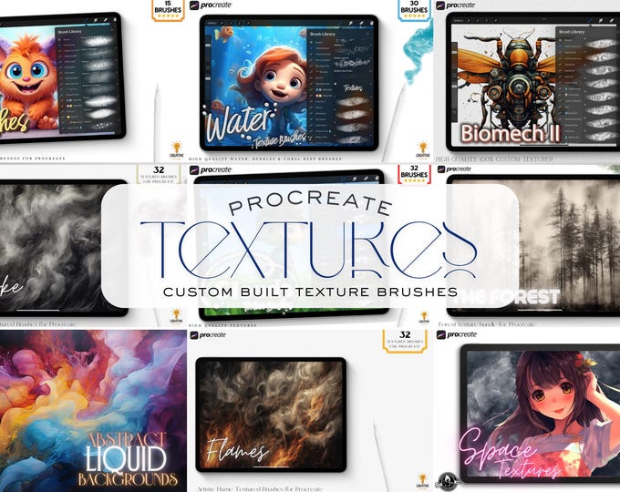 Procreate all the textures, hundreds of custom built textures, original brushes, procreate dynamic texture brushes, 19 bundles in one