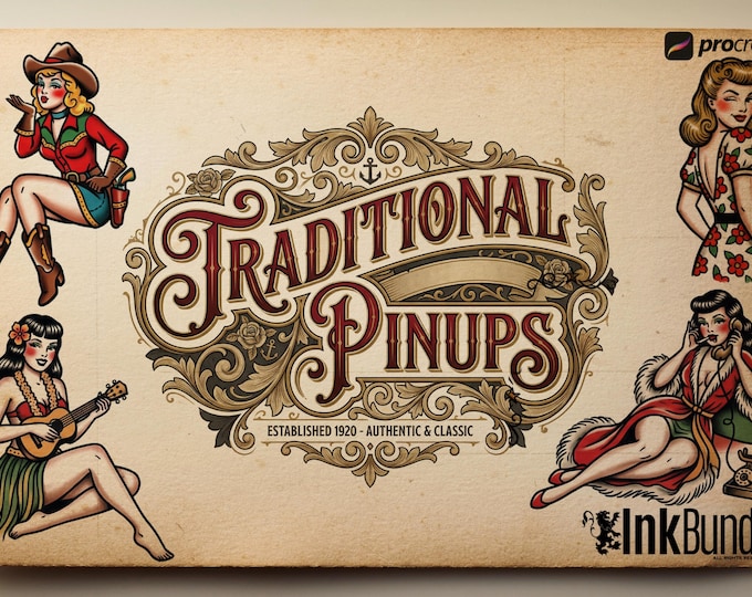 Traditional Pinup Tattoo Design kit - Procreate | 150+ Classic old-scool ladies, Tattoo stencils ( digital download )