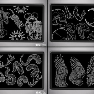 May include: A collection of four black digital art prints featuring white line drawings of anatomical and natural elements. The prints include skeletons, animal skulls, horns, and wings, suitable for tattoo designs or gothic art.