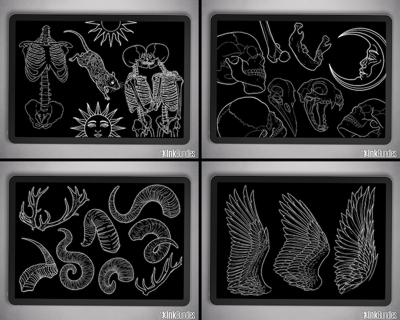 May include: A collection of four black digital art prints featuring white line drawings of anatomical and natural elements. The prints include skeletons, animal skulls, horns, and wings, suitable for tattoo designs or gothic art.