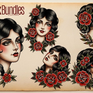 May include: A collection of five illustrations featuring portraits of individuals with dark hair adorned with red and white roses. The text InkBundles is printed in the top left corner. The artwork is presented on a light beige background.