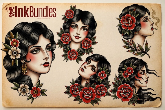 250+ Traditional Ladies for Procreate | Old School Flash Stencils, DIY Assets & Brushset