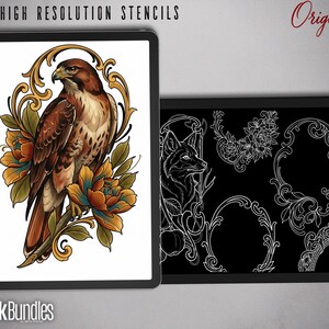 May include: A digital display showing 100 High Resolution Stencils with a colored illustration of a hawk perched on a branch surrounded by orange flowers and gold filigree, alongside a black screen with white line art of a fox and frames.