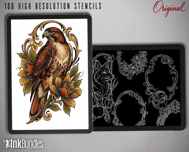 May include: A digital display showing 100 High Resolution Stencils with a colored illustration of a hawk perched on a branch surrounded by orange flowers and gold filigree, alongside a black screen with white line art of a fox and frames.