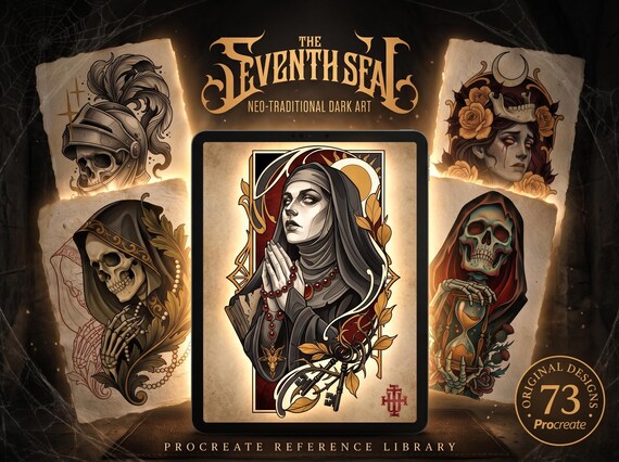 Seventh Seal, Dark Macabre Tattoo Art, Neo-Traditional Procreate Stamps, Tattoo Stencils