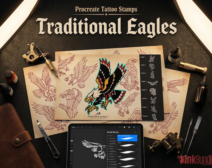 Traditional Tattoo Eagles 100 files, Procreate Stamps, SVG, PNG, EPS