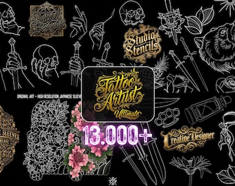 May include: A collection of tattoo designs and illustrations in white on a black background. The image includes skulls, hands, swords, roses, and the text "Tattoo Artist Ultimate" and "13.000+".
