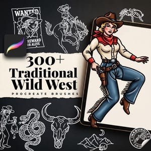 May include: A digital collection of 300+ Traditional Wild West Procreate brushes featuring white line art illustrations of cowboys, a snake, a bull skull, and a colored illustration of a cowgirl on a tablet screen.
