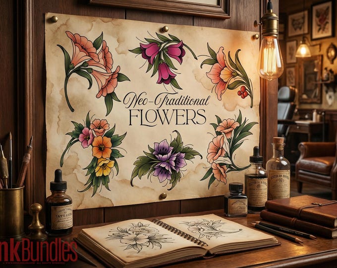 Neo-traditional flowers - custom art, digital download Procreate/Photoshop/vector Stencils