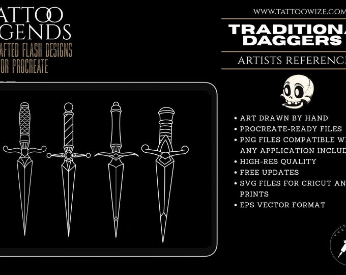 Traditional Daggers vol.2 | 25 daggers – Procreate Stamps | Old School Clipart
