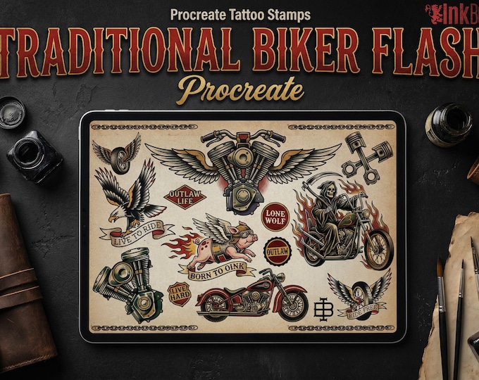 Traditional Biker Tattoo Design kit - Procreate & PNG | 100+ old-school Tattoo stencils