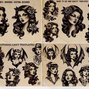 May include: A collection of traditional tattoo designs featuring portraits of women with roses and other decorative elements. The designs are in black and white with a vintage aesthetic. Text includes "100% ORIGINAL CUSTOM DESIGNS!" and "100 TRADITIONAL LADY TEMPLATES".