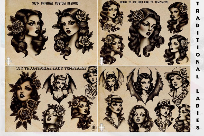 May include: A collection of traditional tattoo designs featuring portraits of women with roses and other decorative elements. The designs are in black and white with a vintage aesthetic. Text includes "100% ORIGINAL CUSTOM DESIGNS!" and "100 TRADITIONAL LADY TEMPLATES".