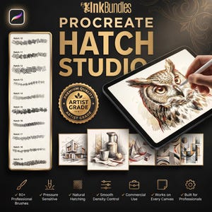 May include: A digital product titled InkBundles Procreate Hatch Studio featuring a vertical list of ten hatching brush strokes, a gold seal, and a tablet screen displaying an owl illustration and various geometric sketches with text.