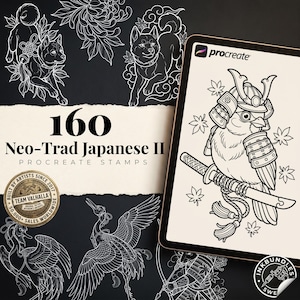Puede incluir: Una colección digital de 160 sellos Procreate Neo-Trad Japanese II con ilustraciones de líneas blancas de perros, aves y grullas sobre fondo negro, mostrada en una pantalla de tableta con un ave que lleva una armadura de samurái.