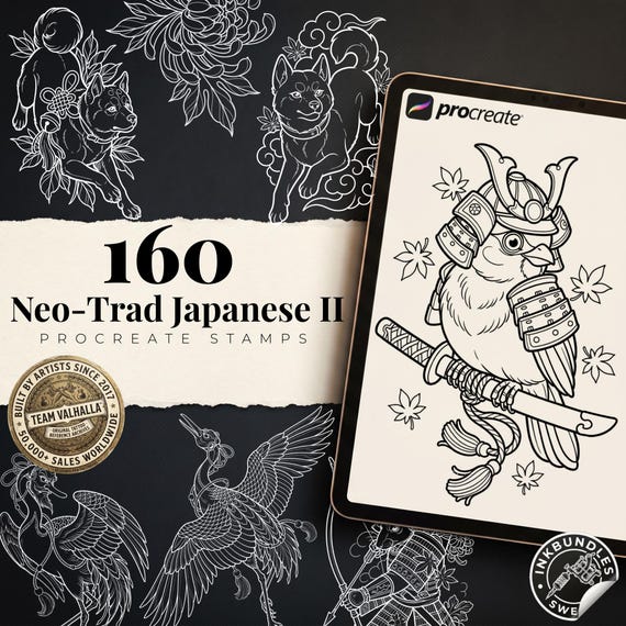 Neo Traditional Japanese Tattoo Reference Kit vol.2 / Procreate Stamps + PNG, Silverfang, Oni demons, stencils