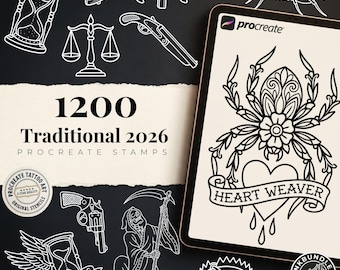 2026 Traditional Tattoo Procreate Stamps, custom art, 1100+ unique designs ( PNG & Brushset)