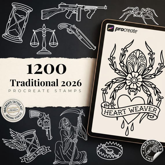 2026 Traditional Tattoo Procreate Stamps, custom art, 1100+ unique designs ( PNG & Brushset)