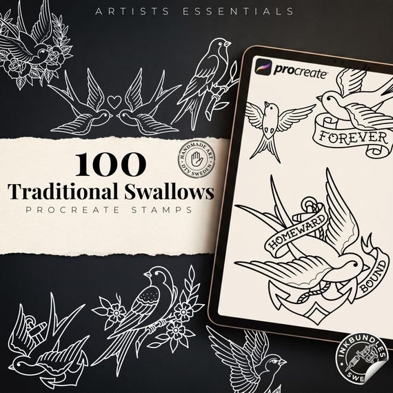 Traditional Swallows Tattoo Design kit - Procreate & PNG | 100+ Classic Swallow Tattoos, Old School Stencils