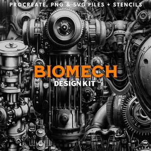 May include: A digital design kit featuring a black and white illustration of a biomechanical design with the text "BIOMECH DESIGN KIT".