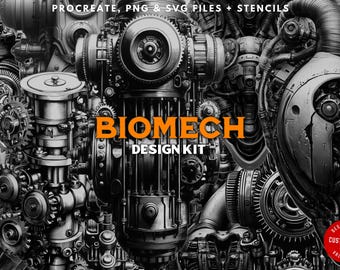 May include: A digital design kit featuring a black and white illustration of a biomechanical design with the text "BIOMECH DESIGN KIT".