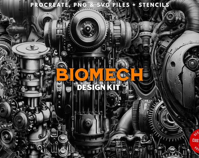 Biomech Design kit, Procreate, Svg & Png files + stencils, 150+ custom made designs, Artists references, Biomech reference library