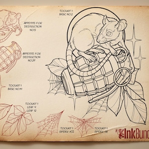 May include: A vintage-style illustration featuring a rat perched on a grenade, surrounded by leaves, spiderwebs, and starbursts. Text includes "Appetite for Destruction" and "InkBundles". The design is in black and red on a tan background.