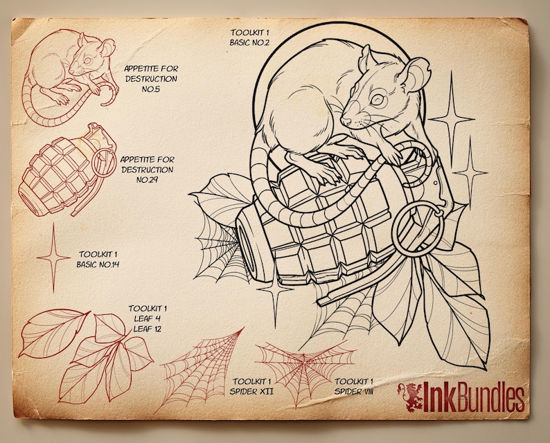 May include: A vintage-style illustration featuring a rat perched on a grenade, surrounded by leaves, spiderwebs, and starbursts. Text includes "Appetite for Destruction" and "InkBundles". The design is in black and red on a tan background.