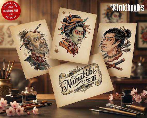 Namakubi Tattoo Reference Kit, Japanese Tattoo Stencils PNG + Procreate Brushset, Flash Bundle for Artists