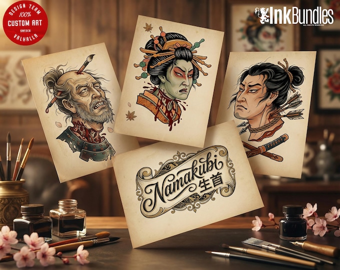 Namakubi Tattoo Reference Kit, Japanese Tattoo Stencils PNG + Procreate Brushset, Flash Bundle for Artists