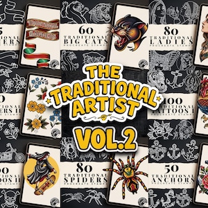 May include: A digital collection titled The Traditional Artist Vol. 2 featuring Procreate stamps. The image displays various categories including 35 banners, 60 big cats, 80 ladies, 50 flowers, 100 tattoos, 80 spiders, and 50 anchors with illustrations.