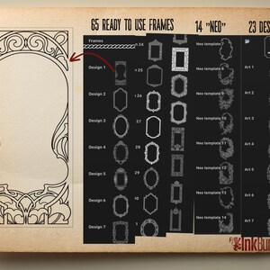 May include: A digital catalog sheet titled 65 READY TO USE FRAMES 14 NEO 23 DESIGNS featuring a large black and white line art frame on the left and a grid of various smaller frame templates and intricate graphic designs on a black background.